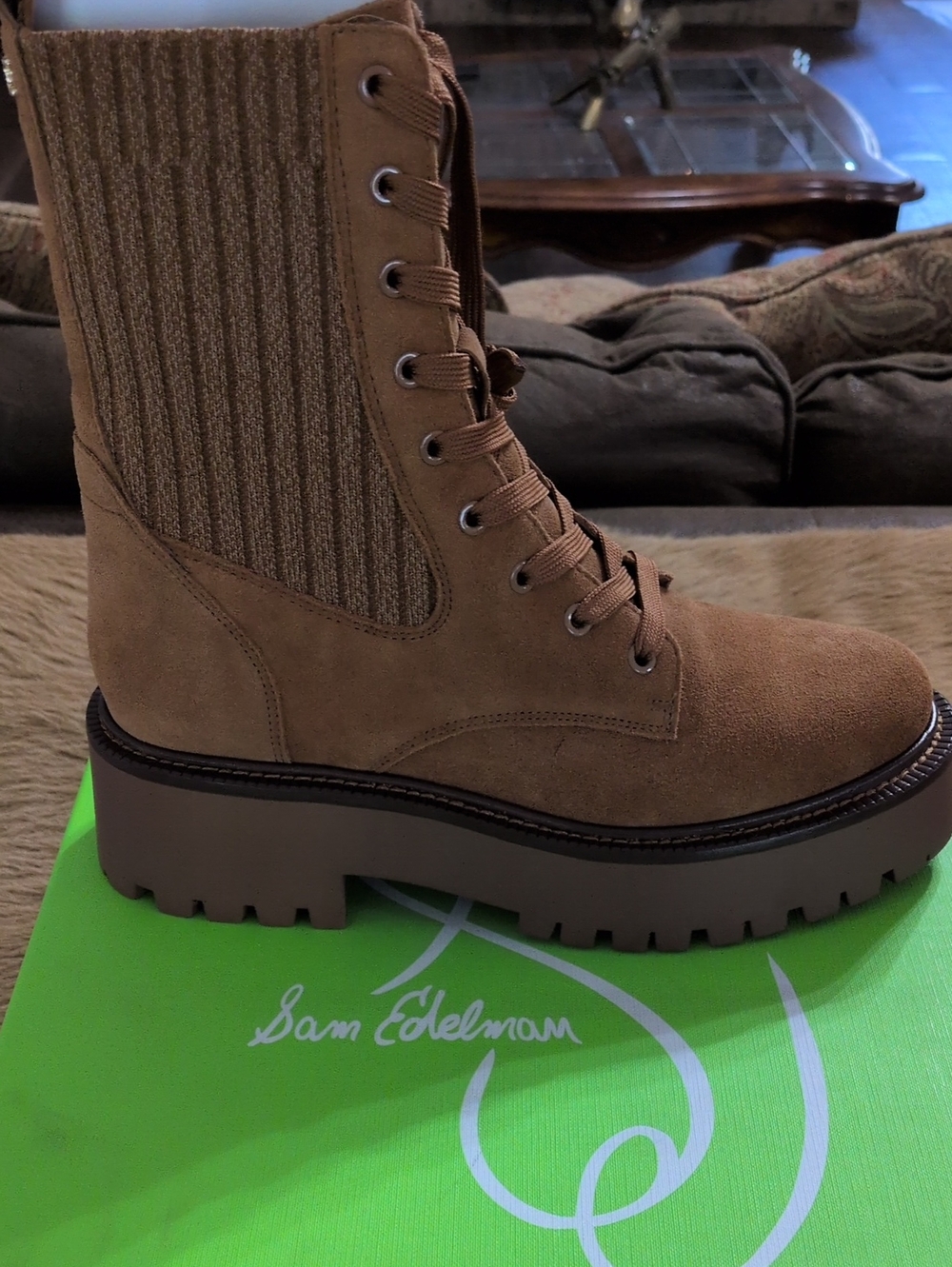 Sam Edelman Tan Suede Knit-Panel Platform Combat Boot